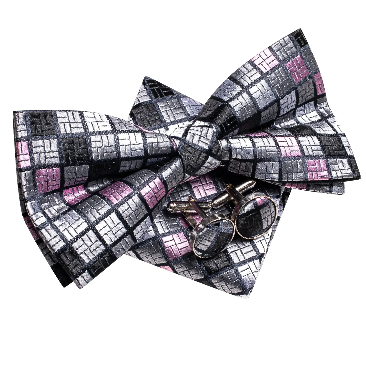 Silver Grey Pink Plaid Men's Pre-tied Bowtie Pocket Square Cufflinks Set sold by Ties2You product image thumbnail 4