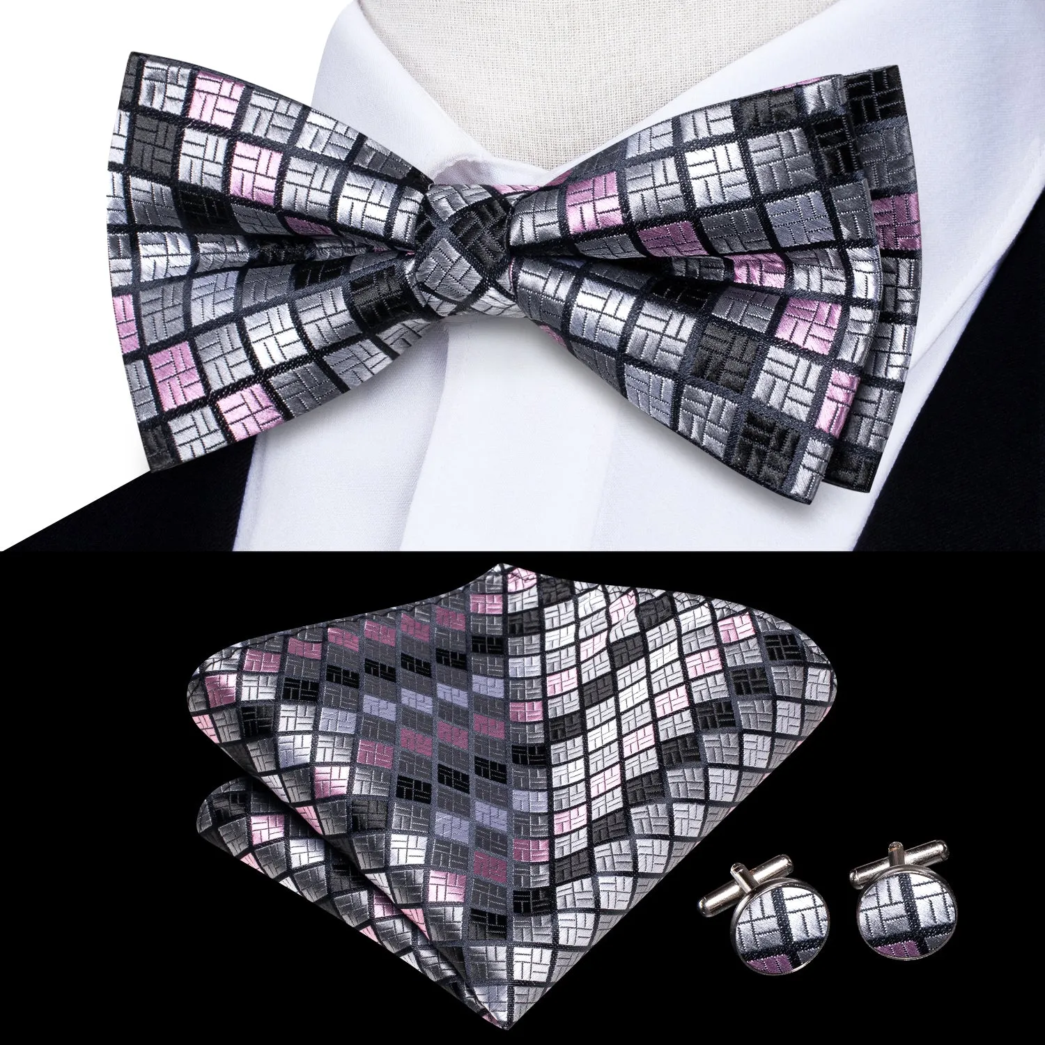 Silver Grey Pink Plaid Men's Pre-tied Bowtie Pocket Square Cufflinks Set sold by Ties2You product image thumbnail 2