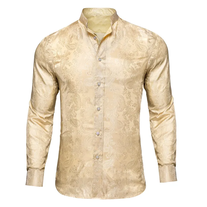 Light Yellow Paisley Silk Men's Long Sleeve Collarless Shirt sold by Ties2You