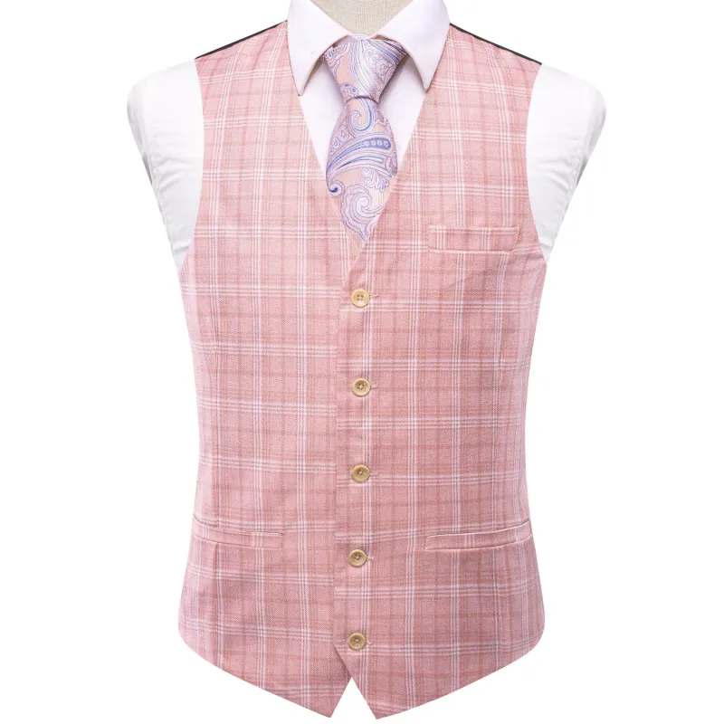 Pink White Plaid Splicing Jacquard Men's Vest made by Ties2You