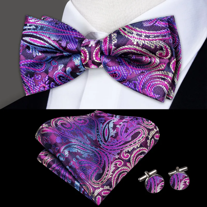 Purple Blue Gradient Paisley Men's Pre-tied Bowtie Pocket Square Cufflinks Set sold by Ties2You