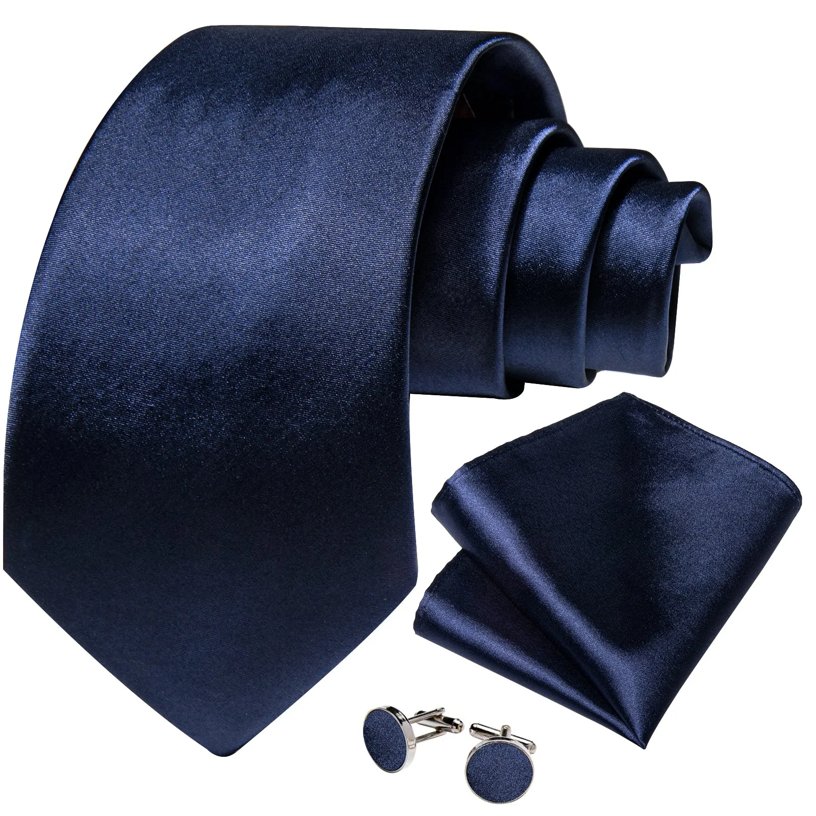 Navy Blue Pure Satin Solid Necktie Pocket Square Cufflinks Set sold by Ties2You product image thumbnail 2