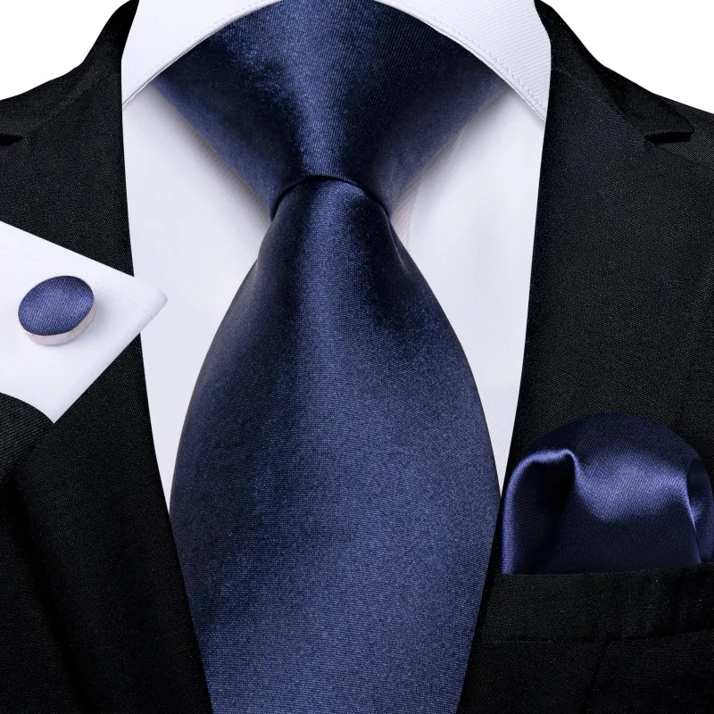 Navy Blue Pure Satin Solid Necktie Pocket Square Cufflinks Set sold by Ties2You