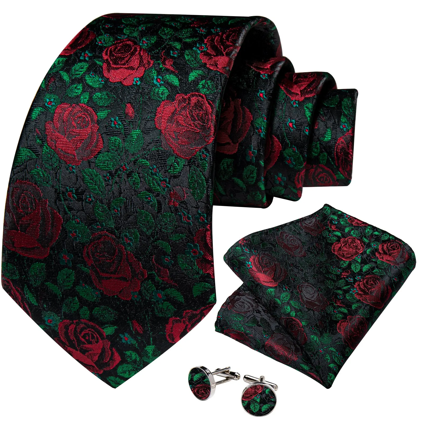 Blue Green Red Floral Necktie Pocket Square Cufflinks Set sold by Ties2You product image thumbnail 2