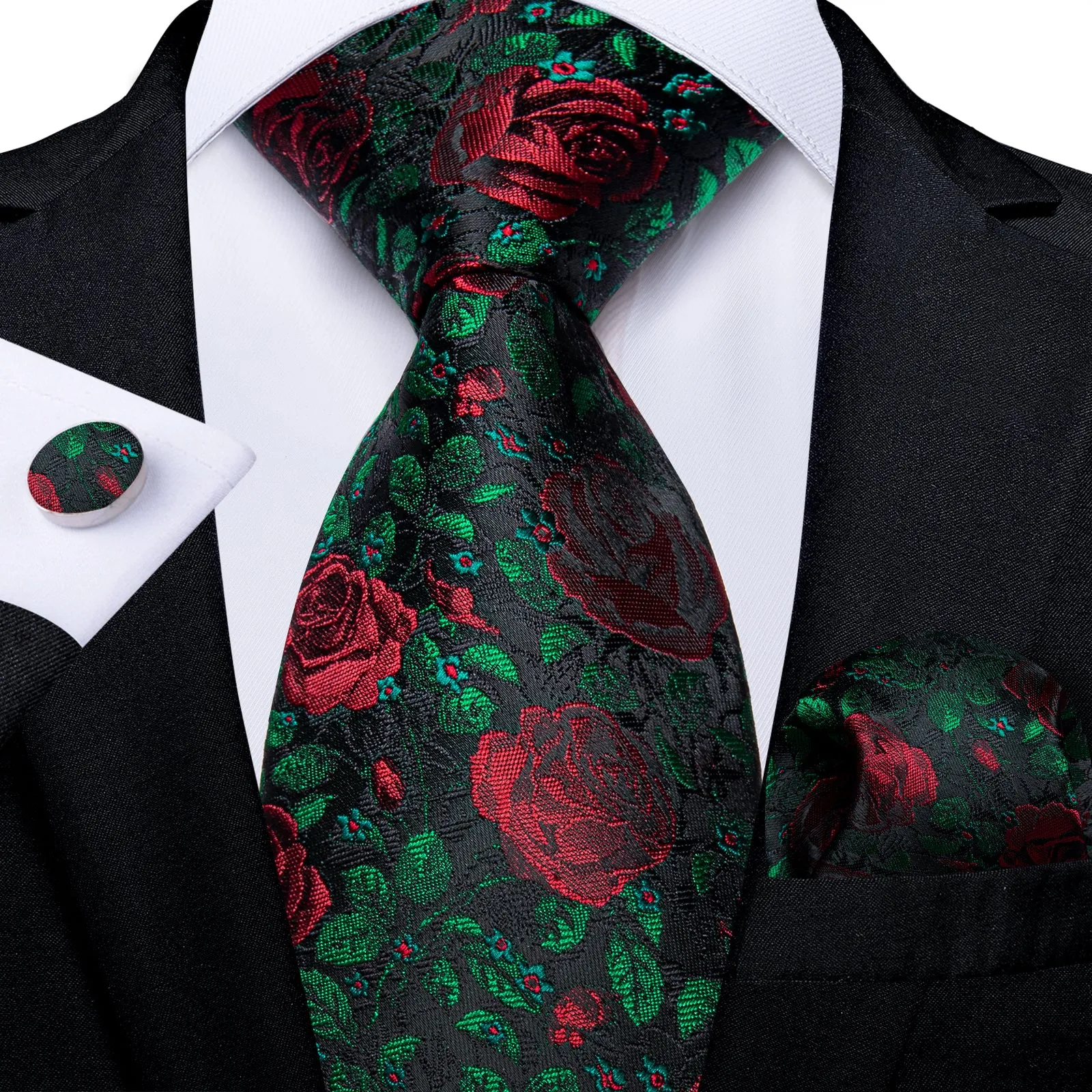 Blue Green Red Floral Necktie Pocket Square Cufflinks Set sold by Ties2You
