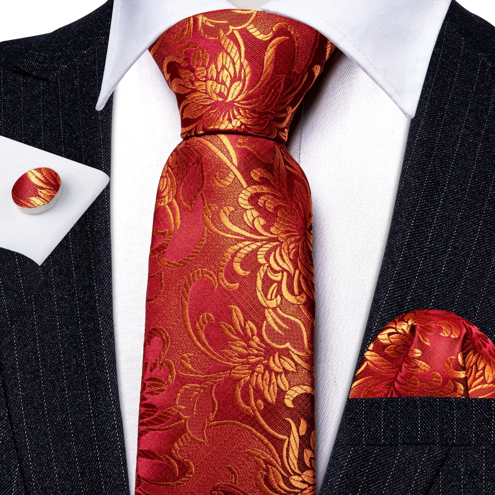 Golden Red Floral Silk Men's Necktie Pocket Square Cufflinks Set sold by Ties2You product image thumbnail 3