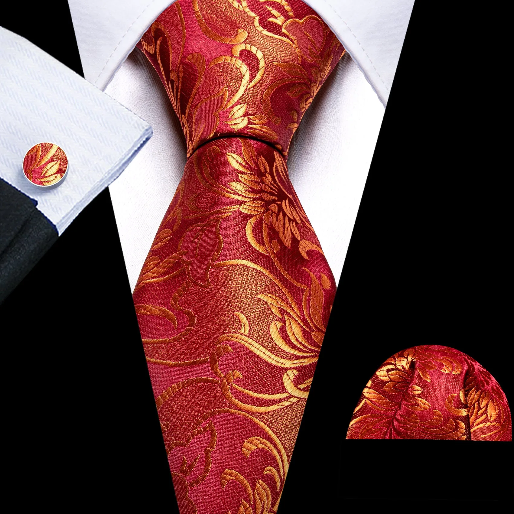 Golden Red Floral Silk Men's Necktie Pocket Square Cufflinks Set sold by Ties2You