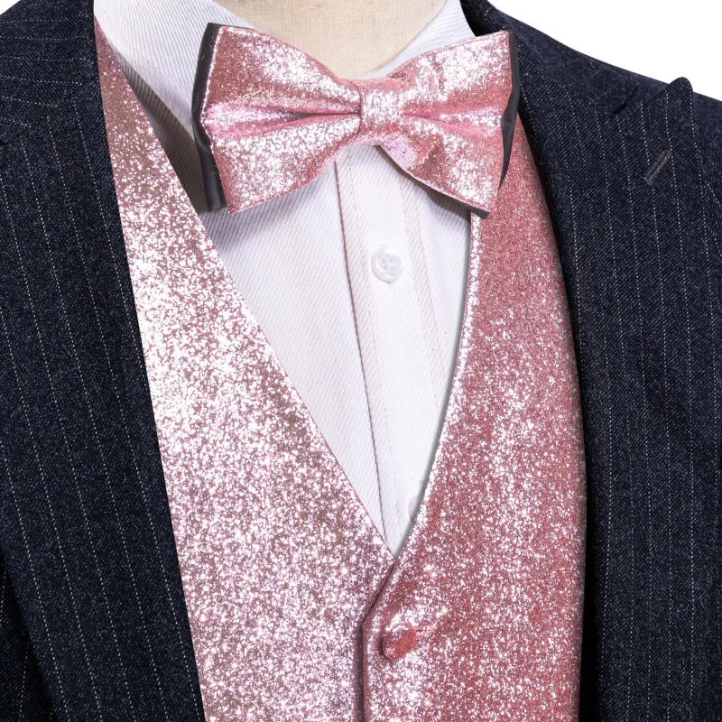 Ties2you Pink Tie Shining Glitter Solid Jacquard Silk Men's Vest Bow Tie Set Waistcoat Suit Set sold by Ties2You