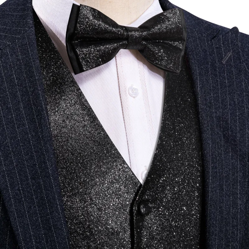 Shining Black Glitter Solid Jacquard Silk Men's Vest Bow Tie Handkerchief Cufflinks Set Waistcoat Suit Set sold by Ties2You