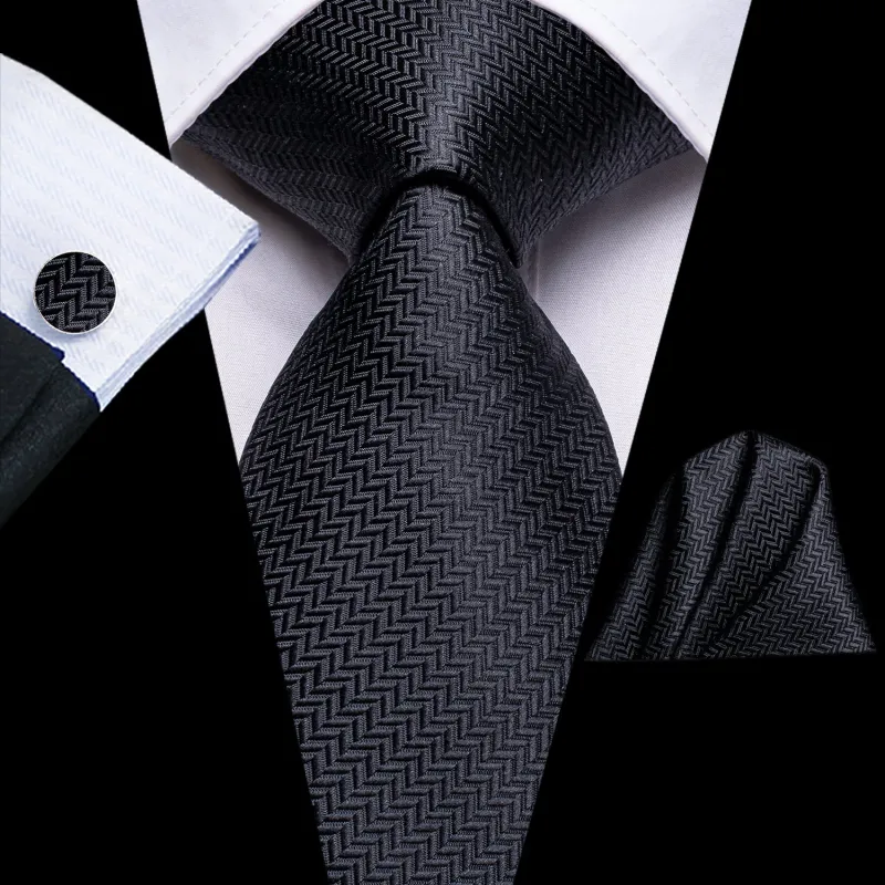 Black Wave Striped Silk Men's Necktie Pocket Square Cufflinks Set sold by Ties2You
