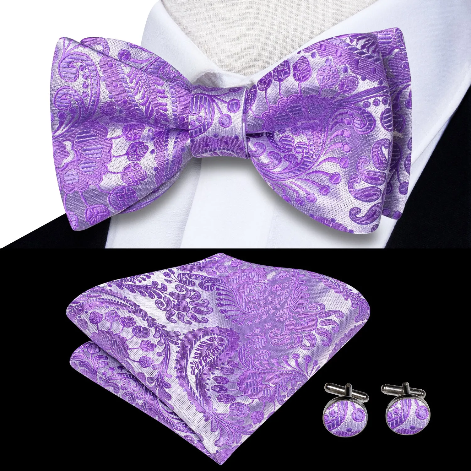 Light Purple Paisley Self-tied Bow Tie Pocket Square Cufflinks Set sold by Ties2You product image thumbnail 2