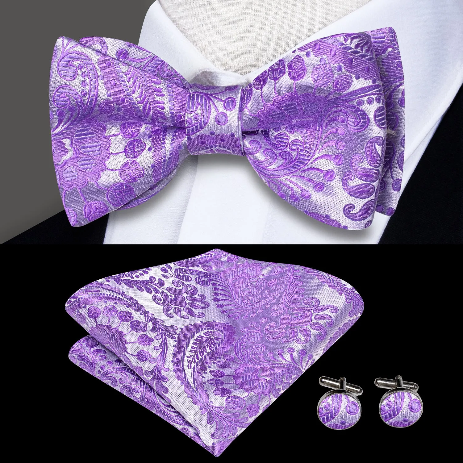 Light Purple Paisley Self-tied Bow Tie Pocket Square Cufflinks Set sold by Ties2You
