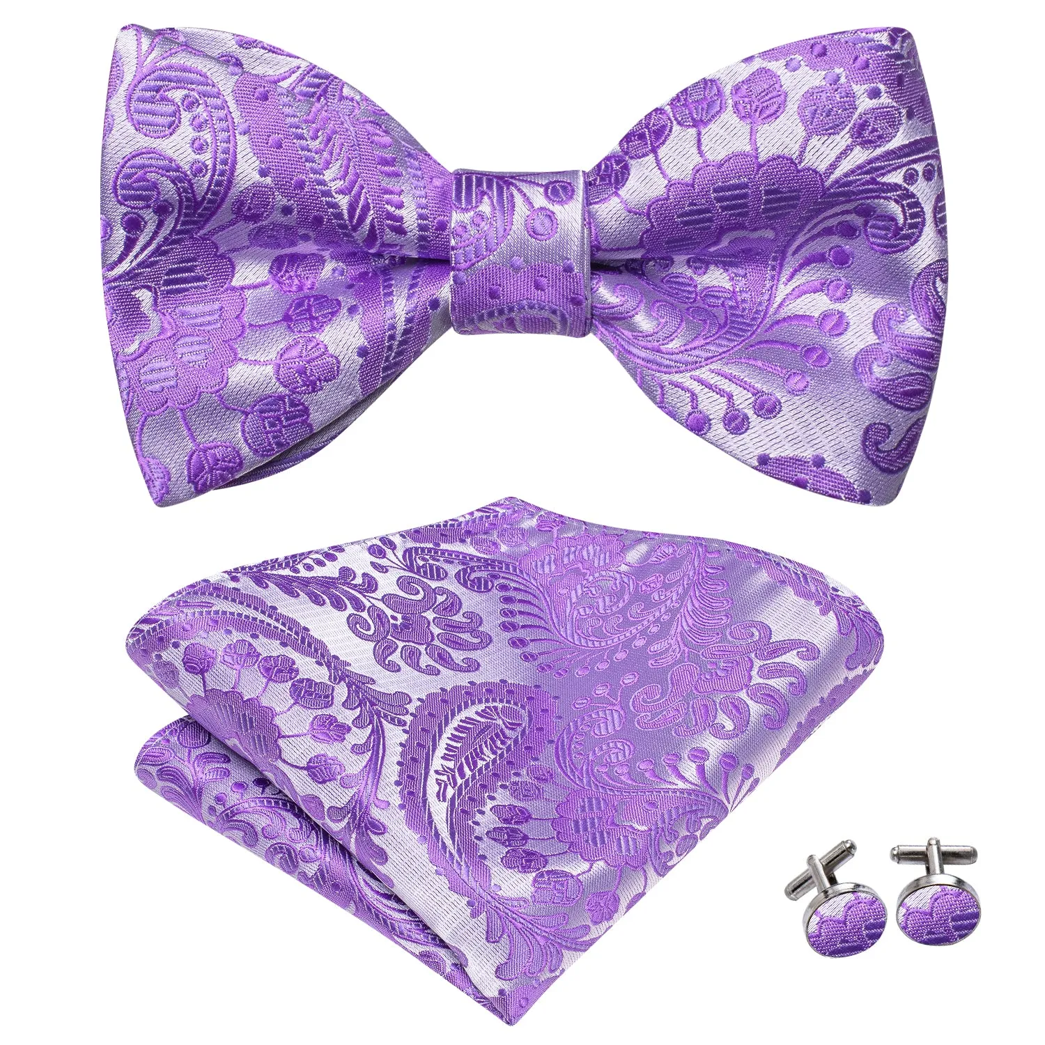 Light Purple Paisley Self-tied Bow Tie Pocket Square Cufflinks Set sold by Ties2You product image thumbnail 3