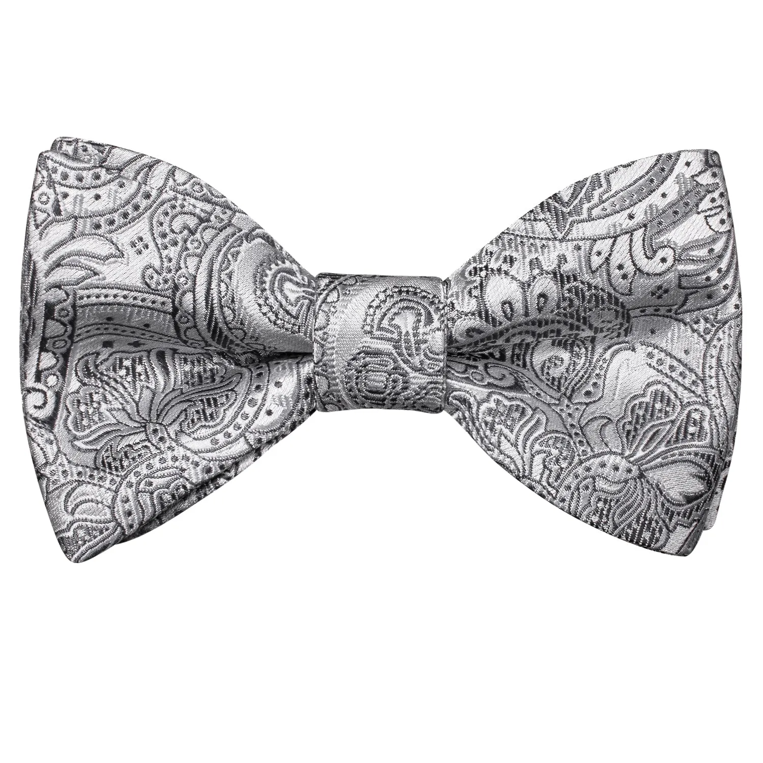 Silver Grey Paisley Self-tied Bow Tie Pocket Square Cufflinks Set sold by Ties2You product image thumbnail 4