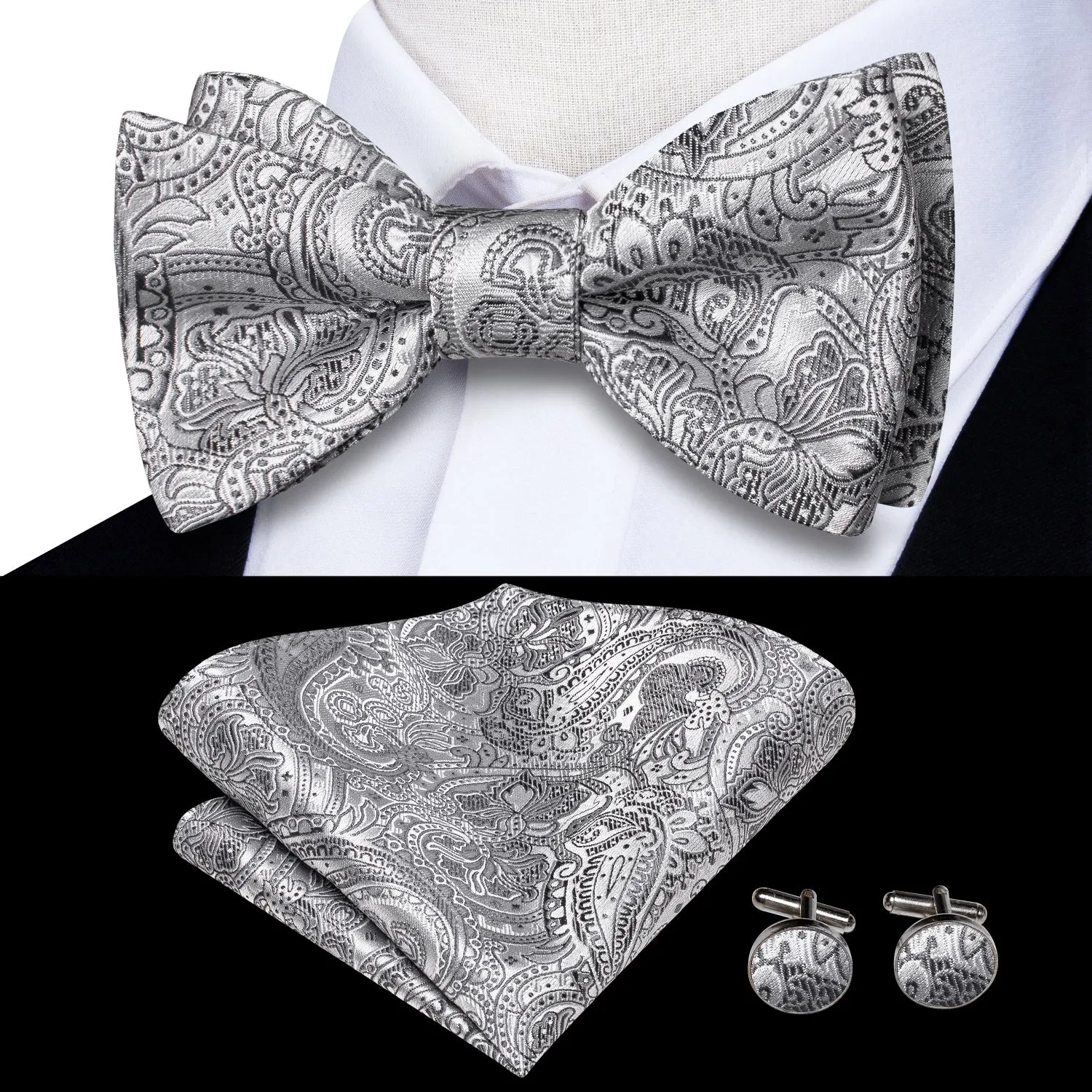 Silver Grey Paisley Self-tied Bow Tie Pocket Square Cufflinks Set sold by Ties2You product image thumbnail 2