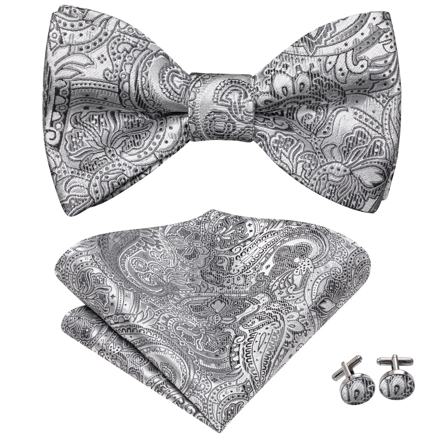 Silver Grey Paisley Self-tied Bow Tie Pocket Square Cufflinks Set sold by Ties2You product image thumbnail 3