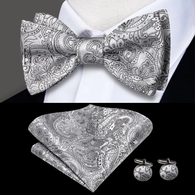 Silver Grey Paisley Self-tied Bow Tie Pocket Square Cufflinks Set sold by Ties2You