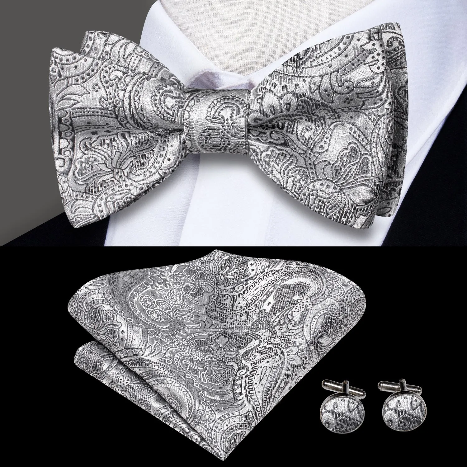 Silver Grey Paisley Self-tied Bow Tie Pocket Square Cufflinks Set sold by Ties2You