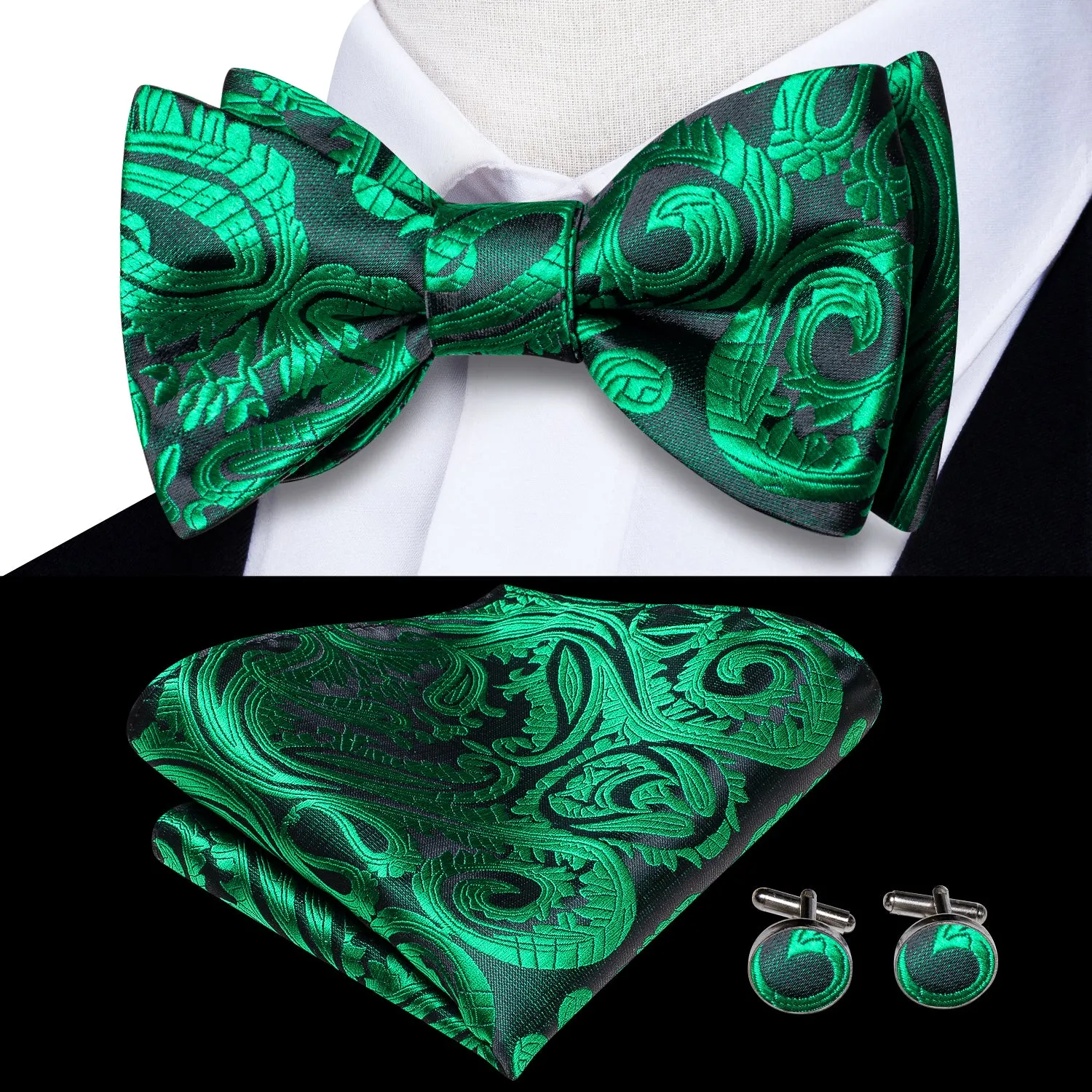 Dark Green Paisley Self-tied Bow Tie Pocket Square Cufflinks Set sold by Ties2You product image thumbnail 2