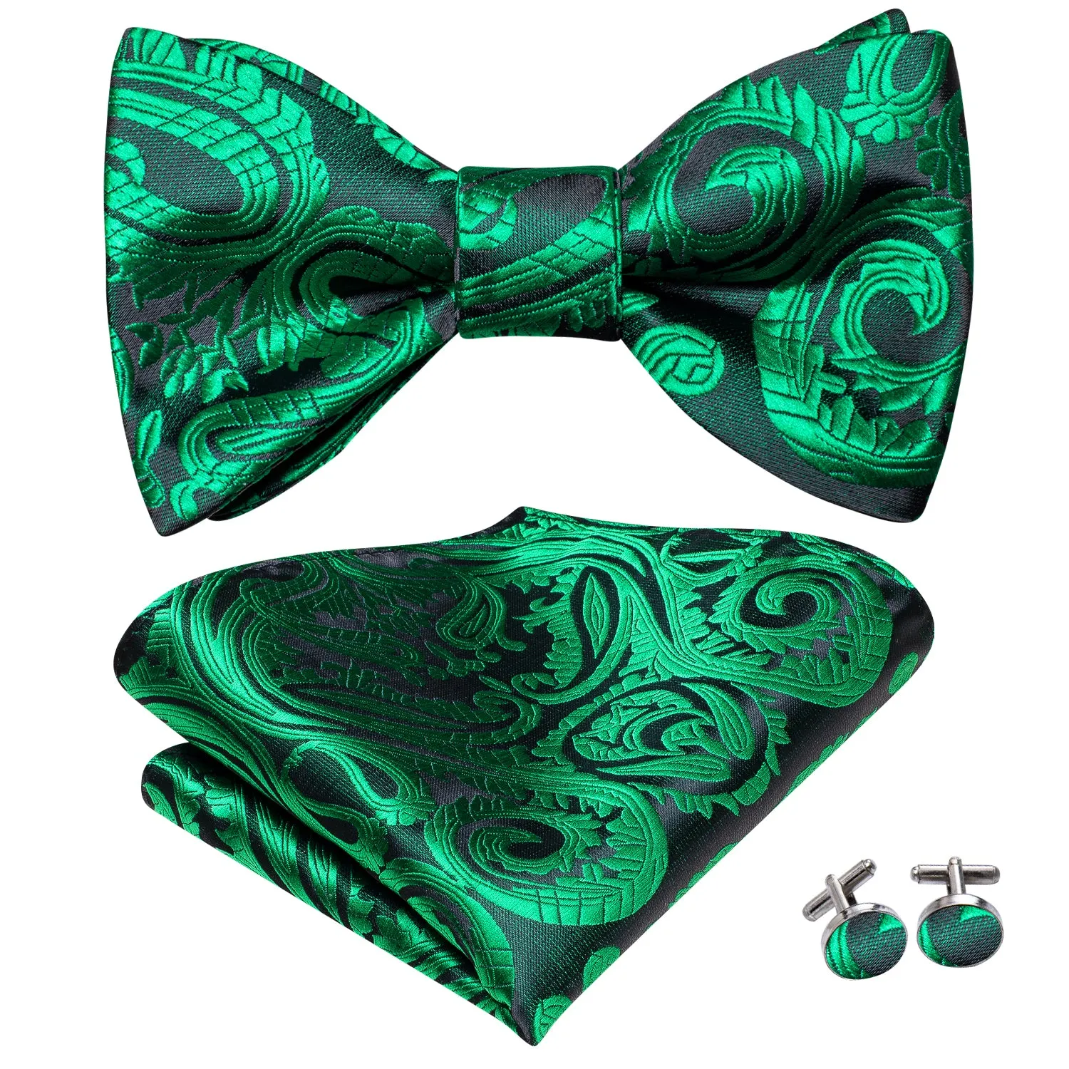 Dark Green Paisley Self-tied Bow Tie Pocket Square Cufflinks Set sold by Ties2You product image thumbnail 3
