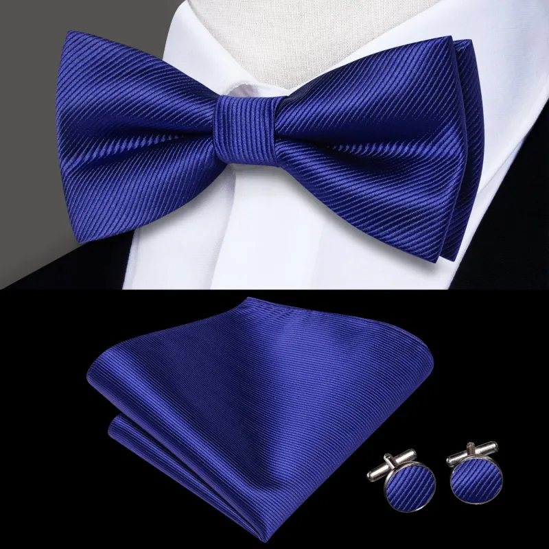 Dark Blue Striped Men's Pre-tied Bowtie Pocket Square Cufflinks Set sold by Ties2You