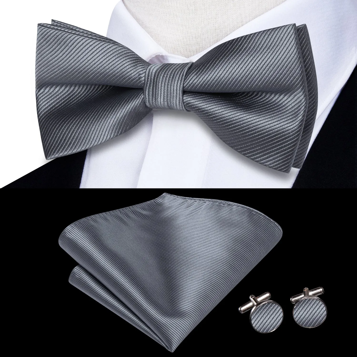 Silver Grey Striped Men's Pre-tied Bowtie Pocket Square Cufflinks Set sold by Ties2You product image thumbnail 2