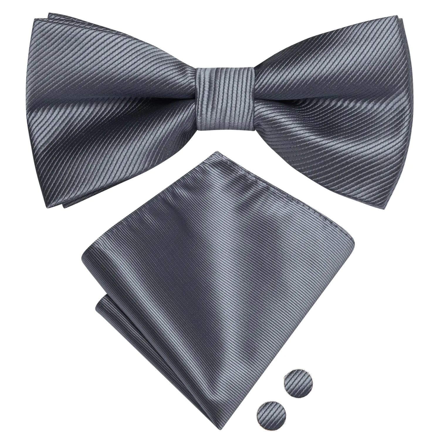 Silver Grey Striped Men's Pre-tied Bowtie Pocket Square Cufflinks Set sold by Ties2You product image thumbnail 3