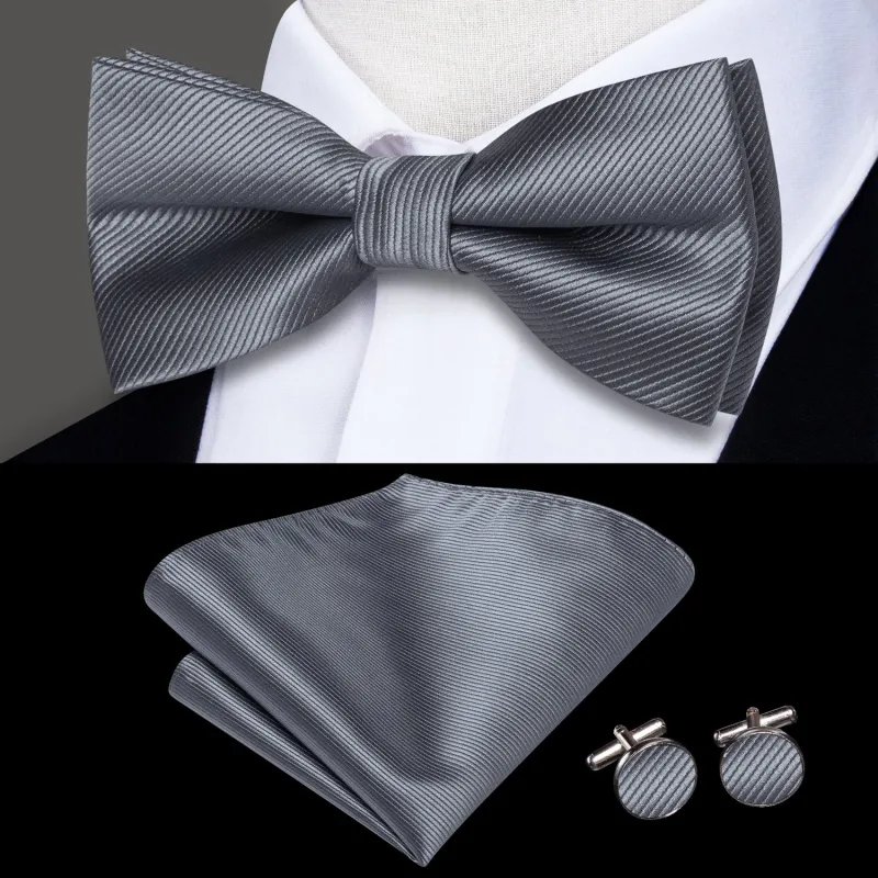 Silver Grey Striped Men's Pre-tied Bowtie Pocket Square Cufflinks Set sold by Ties2You