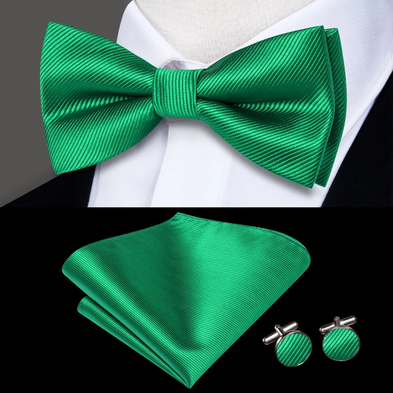 Crass Green Striped Men's Pre-tied Bowtie Pocket Square Cufflinks Set sold by Ties2You