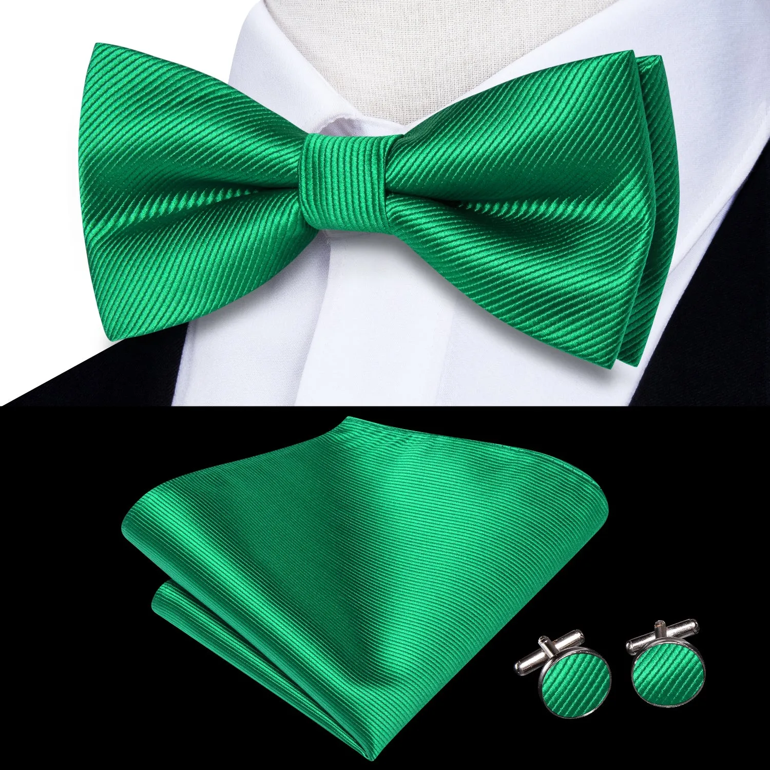 Crass Green Striped Men's Pre-tied Bowtie Pocket Square Cufflinks Set sold by Ties2You product image thumbnail 2