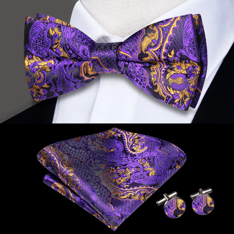 Dark Purple Paisley Men's Pre-tied Bowtie Pocket Square Cufflinks Set sold by Ties2You
