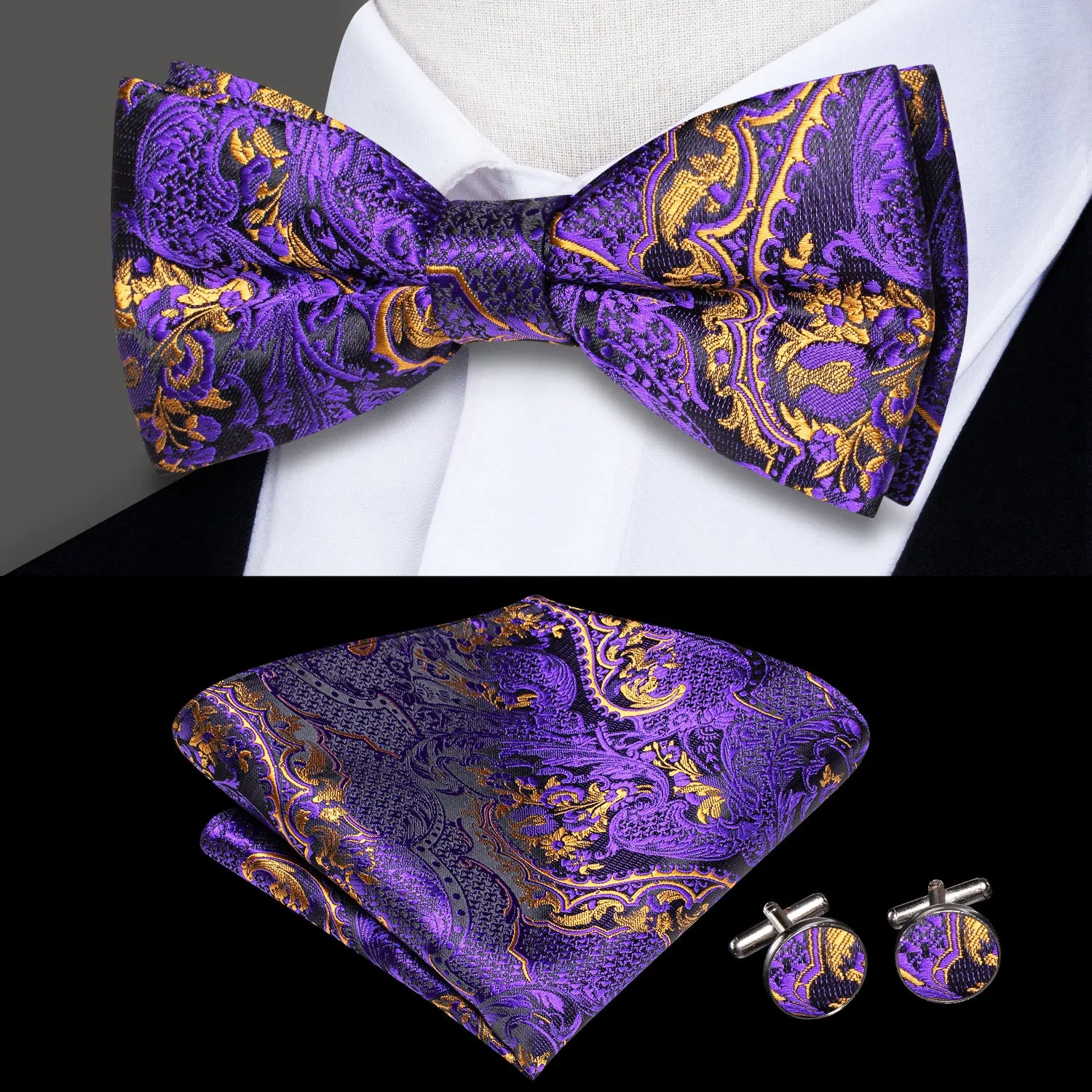 Dark Purple Paisley Men's Pre-tied Bowtie Pocket Square Cufflinks Set sold by Ties2You