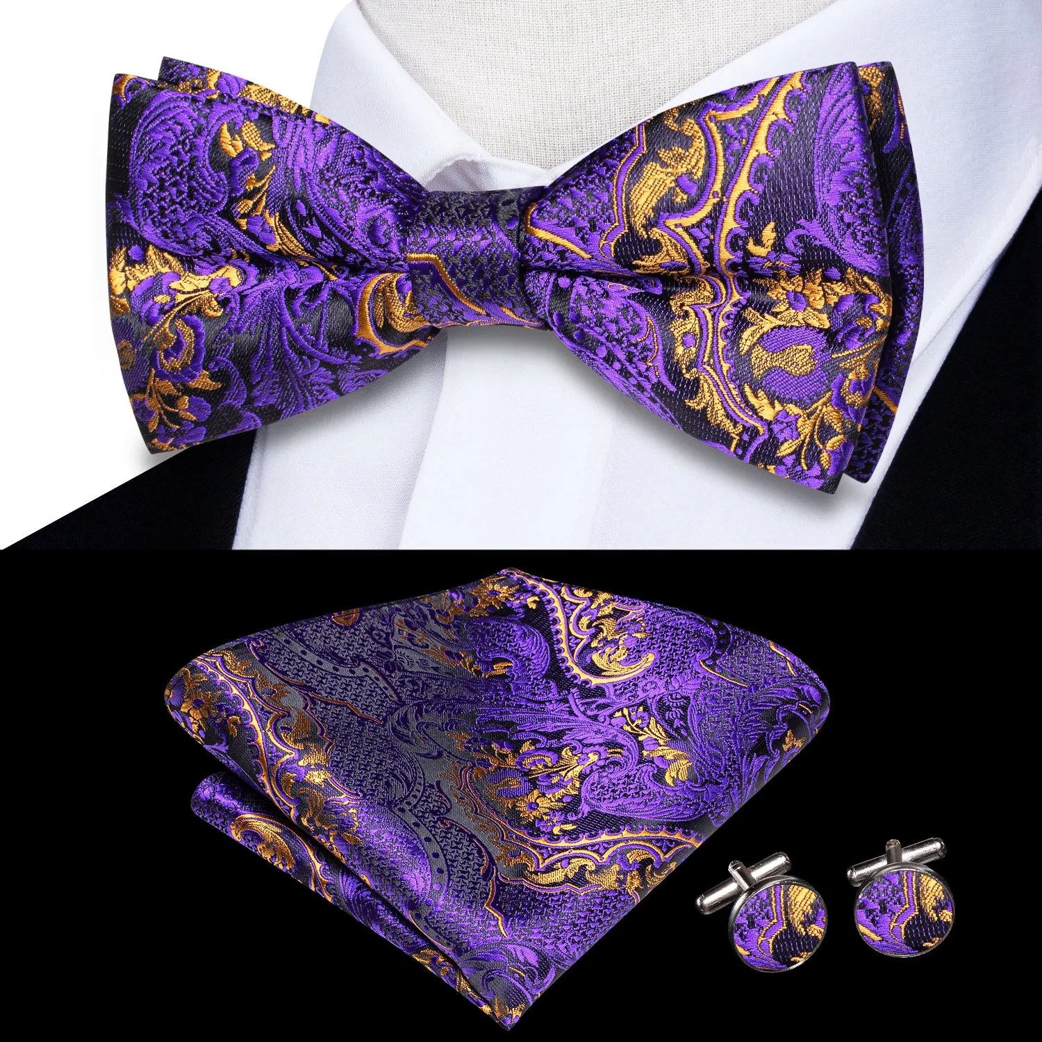 Dark Purple Paisley Men's Pre-tied Bowtie Pocket Square Cufflinks Set sold by Ties2You product image thumbnail 2