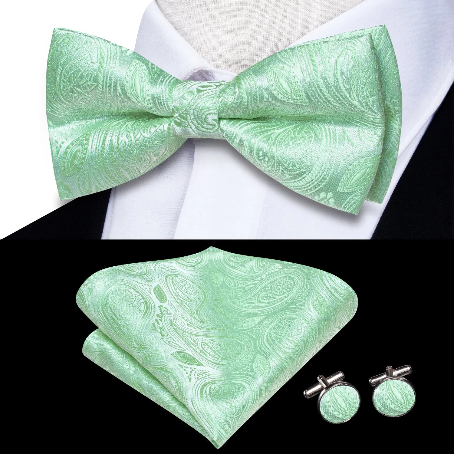 Mint Green Paisley Men's Pre-tied Bowtie Pocket Square Cufflinks Set sold by Ties2You product image thumbnail 2