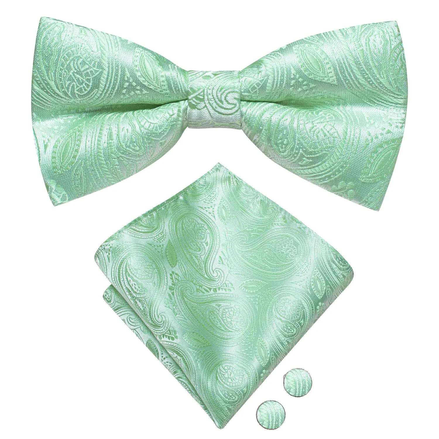 Mint Green Paisley Men's Pre-tied Bowtie Pocket Square Cufflinks Set sold by Ties2You product image thumbnail 5