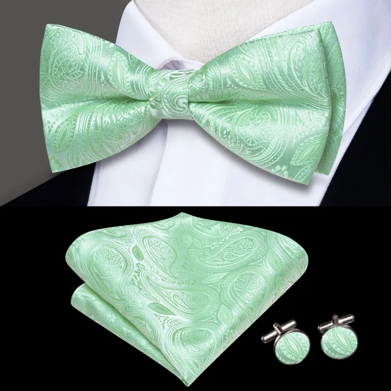 Mint Green Paisley Men's Pre-tied Bowtie Pocket Square Cufflinks Set made by Ties2You