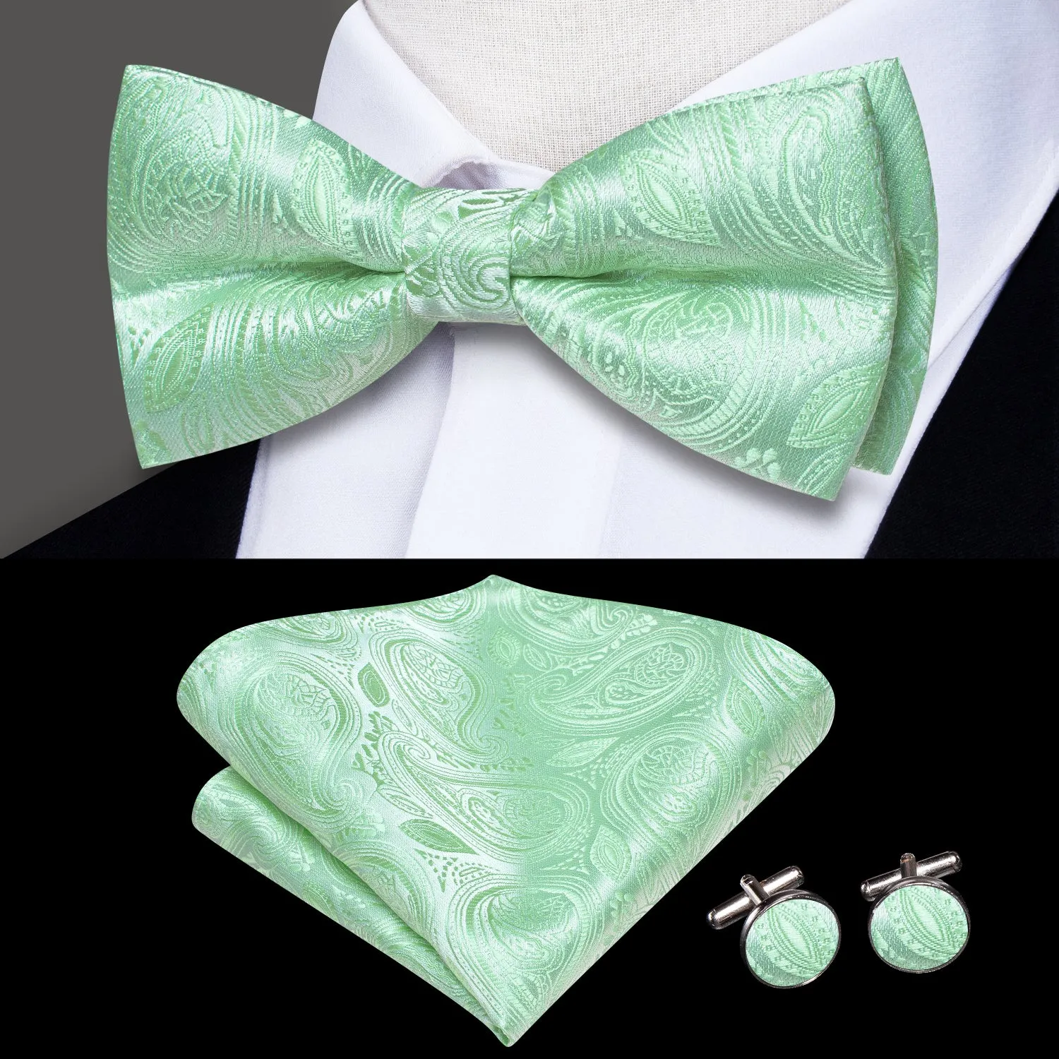 Mint Green Paisley Men's Pre-tied Bowtie Pocket Square Cufflinks Set sold by Ties2You