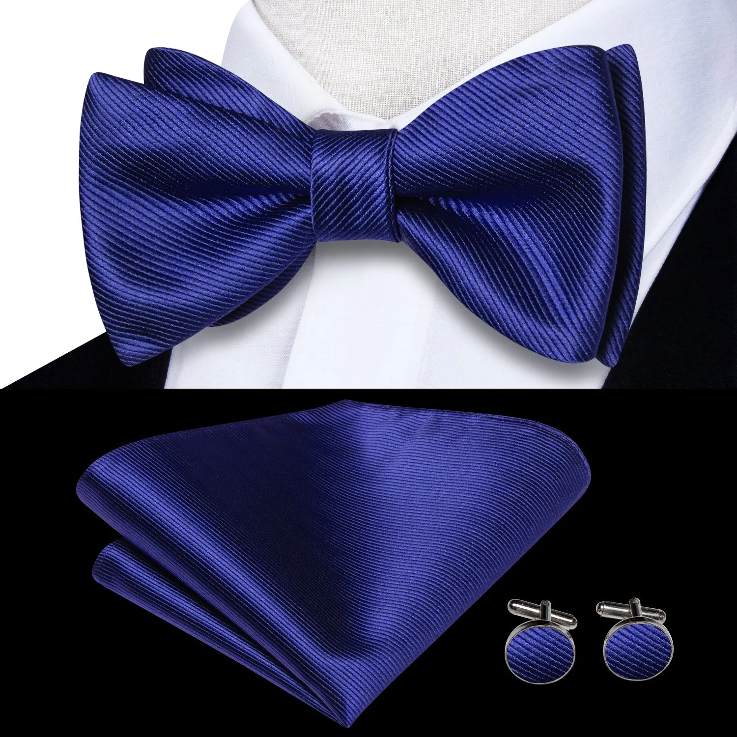 Royal Blue Striped Self-tied Bow Tie Pocket Square Cufflinks Set sold by Ties2You product image thumbnail 2