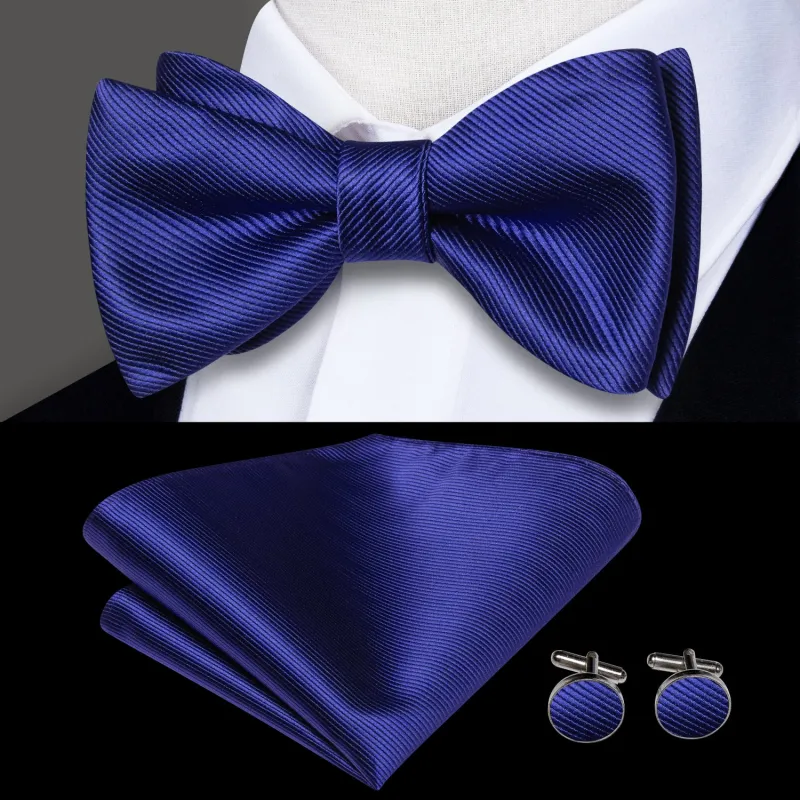 Royal Blue Striped Self-tied Bow Tie Pocket Square Cufflinks Set sold by Ties2You