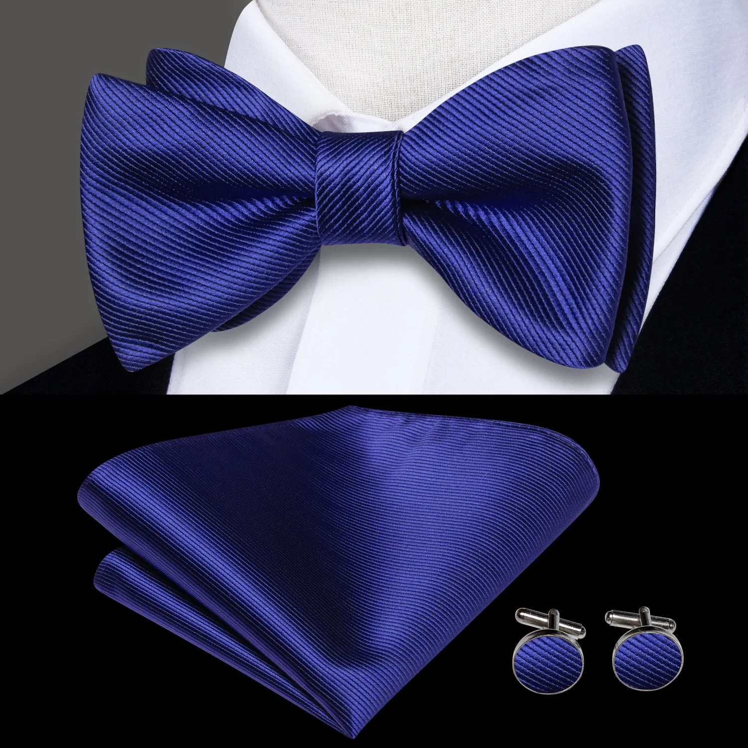 Royal Blue Striped Self-tied Bow Tie Pocket Square Cufflinks Set sold by Ties2You