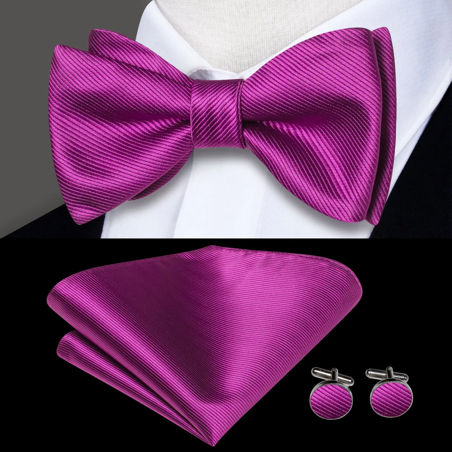 Rose Purple Striped Self-tied Bow Tie Pocket Square Cufflinks Set sold by Ties2You
