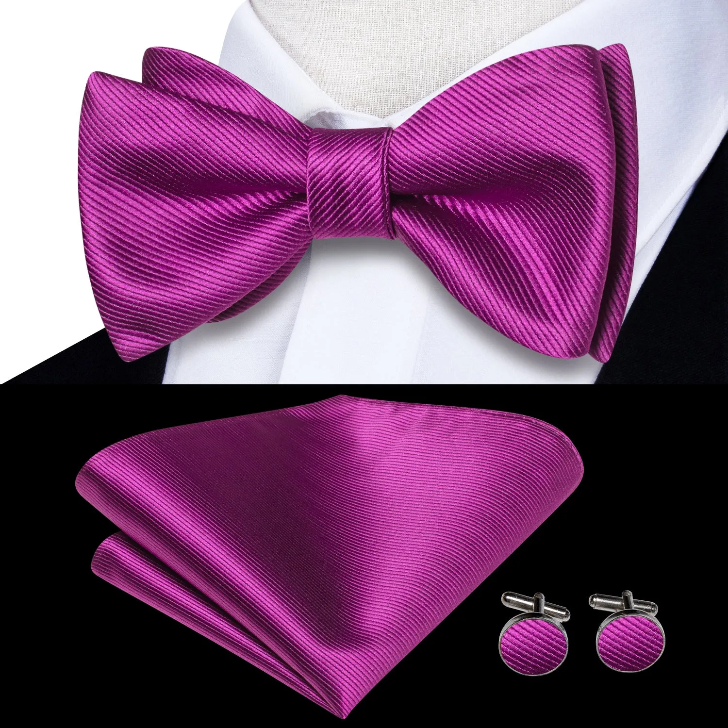 Rose Purple Striped Self-tied Bow Tie Pocket Square Cufflinks Set sold by Ties2You product image thumbnail 3