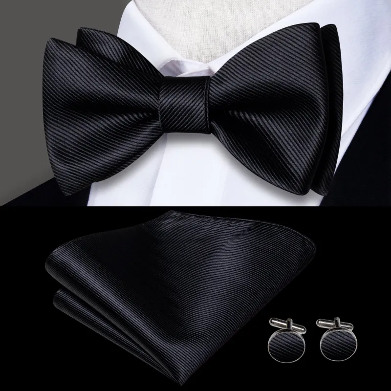 Classic Black Striped Self-tied Bow Tie Pocket Square Cufflinks Set sold by Ties2You