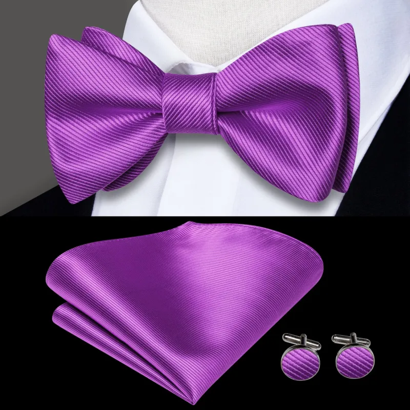 Purple Striped Self-tied Bow Tie Pocket Square Cufflinks Set sold by Ties2You