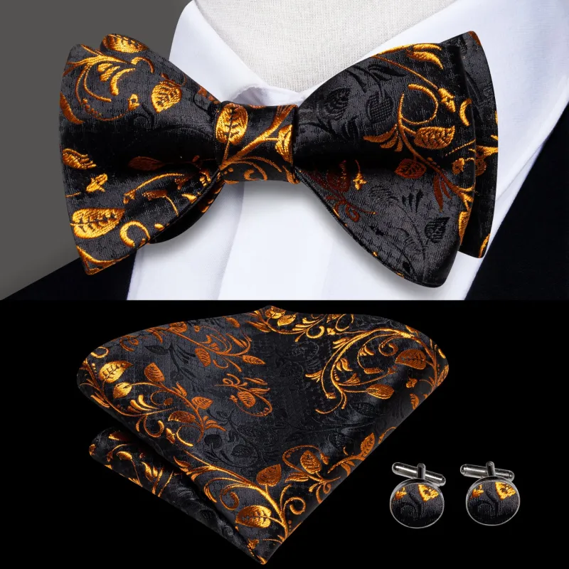 Black Golden Floral Self-tied Bow Tie Pocket Square Cufflinks Set sold by Ties2You