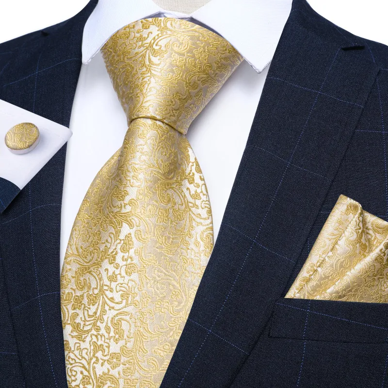 Yellow Floral Men's Tie Set Tie Pocket Square Cufflinks Set sold by Ties2You