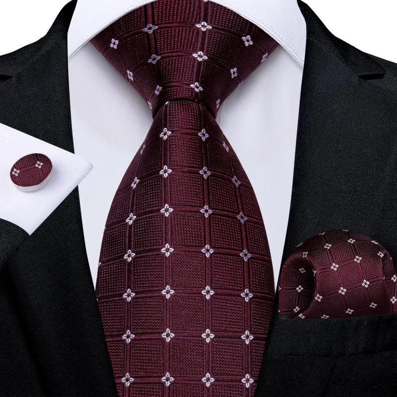 Burgundy Red Plaid Men's Tie Set Tie Pocket Square Cufflinks Set sold by Ties2You