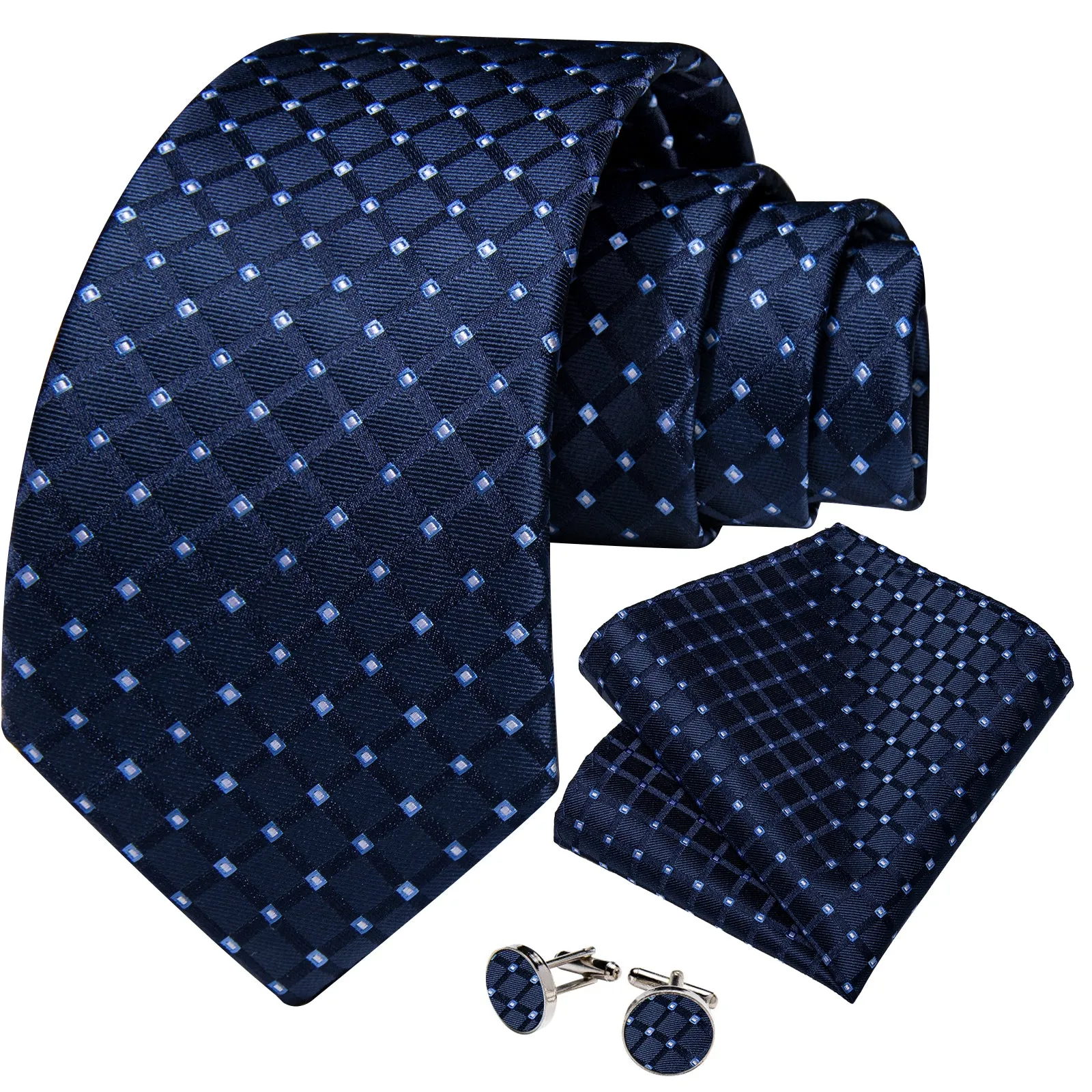 Dark Blue Plaid Men's Tie Set Tie Pocket Square Cufflinks Set sold by Ties2You product image thumbnail 2