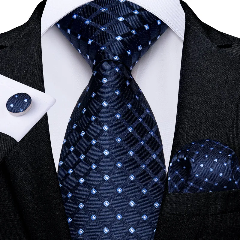 Dark Blue Plaid Men's Tie Set Tie Pocket Square Cufflinks Set sold by Ties2You