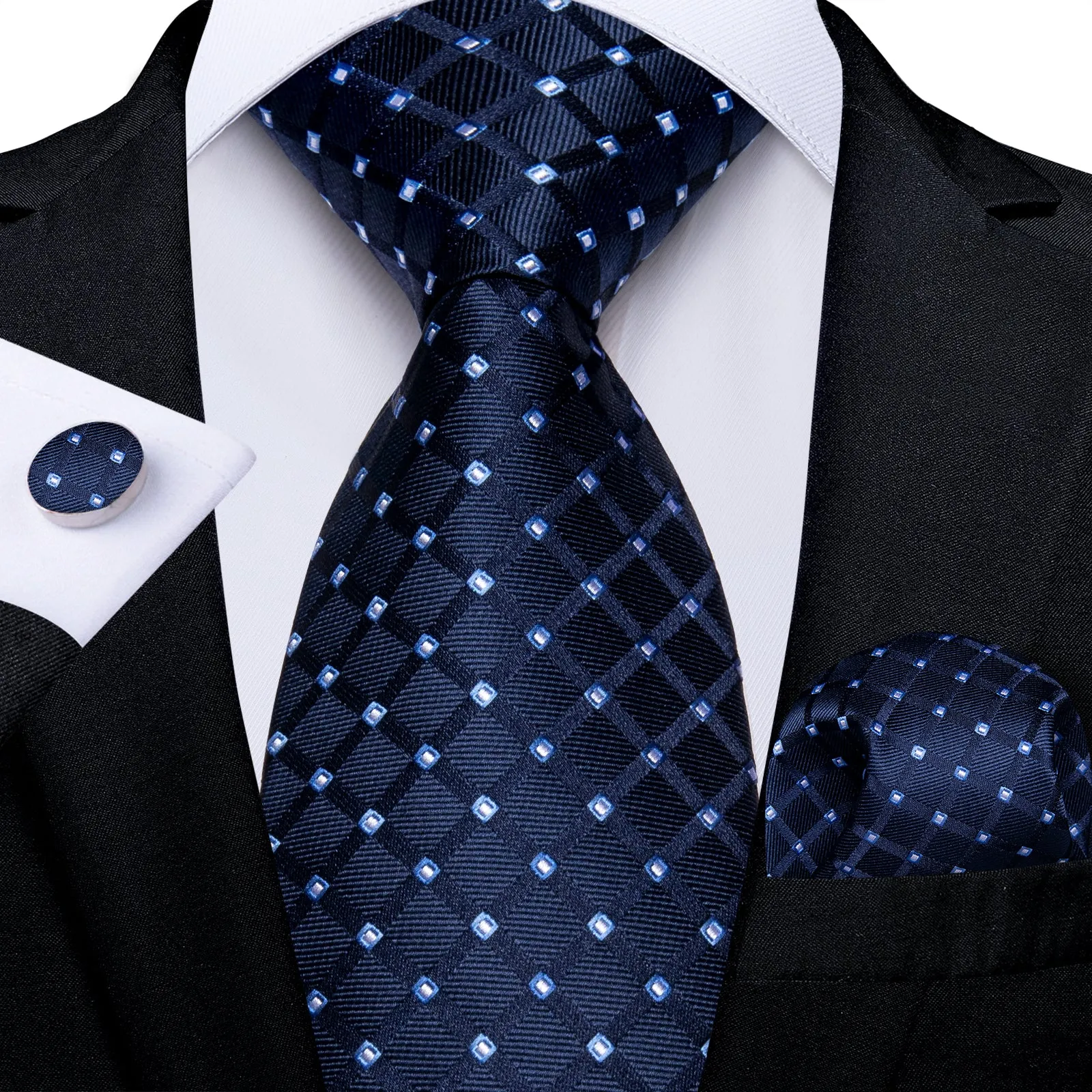 Dark Blue Plaid Men's Tie Set Tie Pocket Square Cufflinks Set sold by Ties2You
